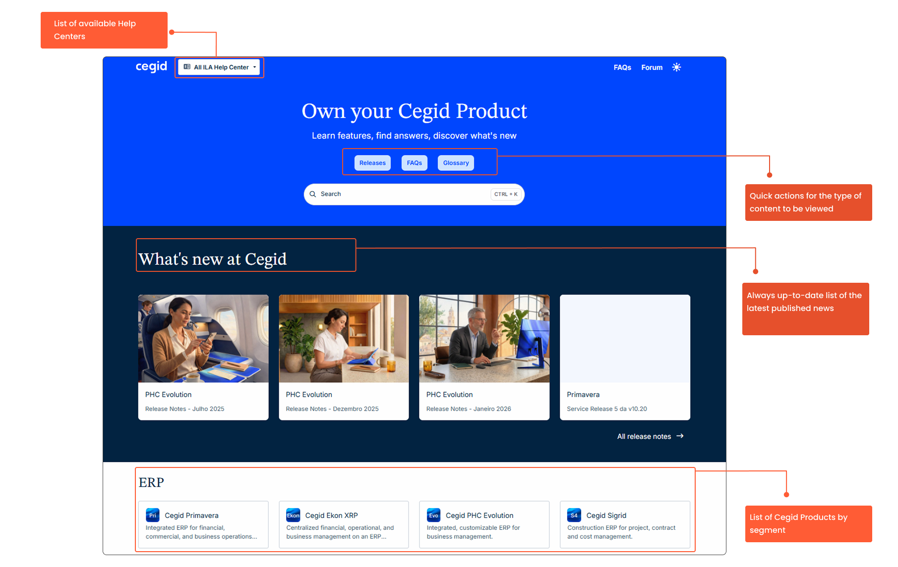 Cegid product page showcasing latest updates, help centers, and ERP solutions.